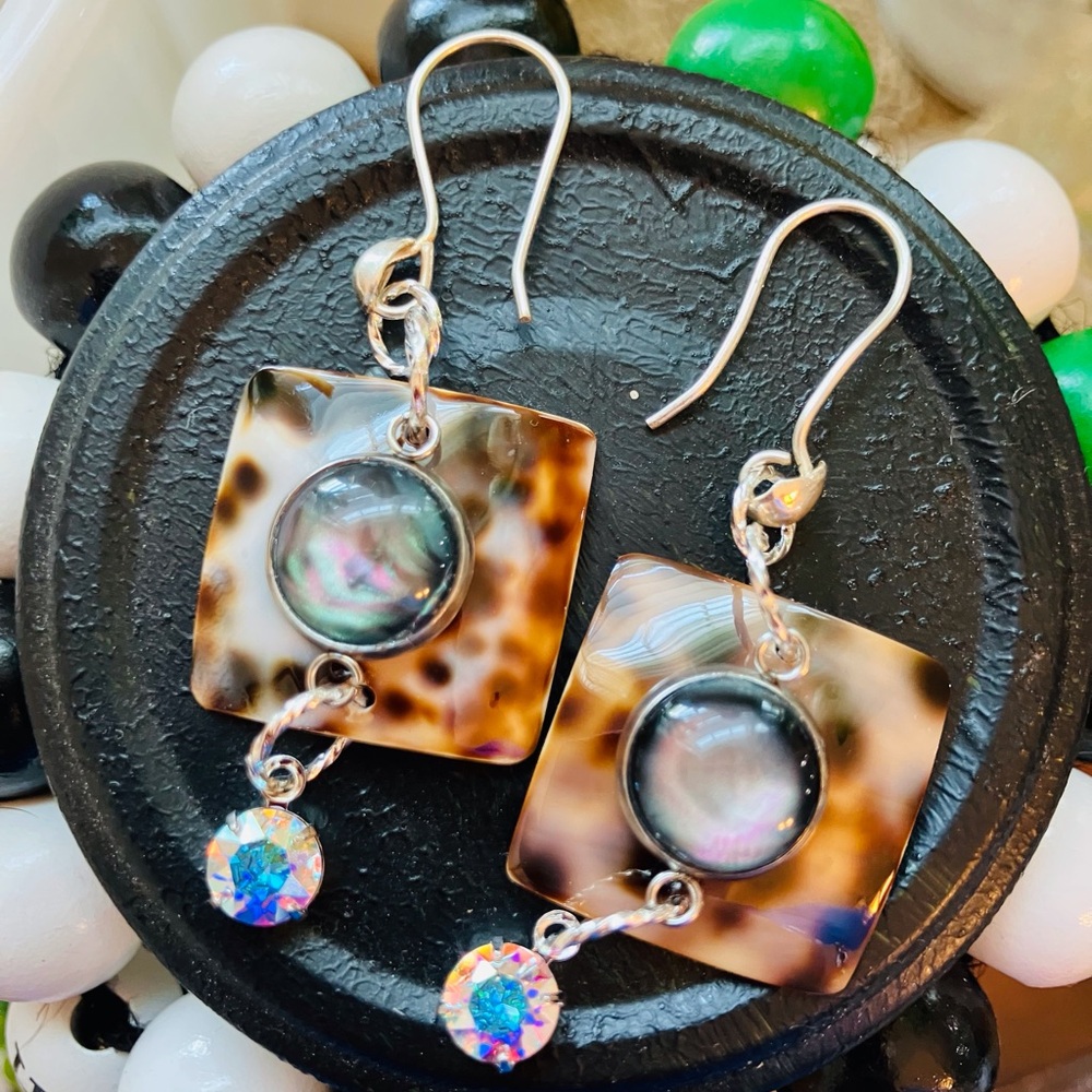 Handmade Seashell and Cabochon Dangle Earrings 2 1/2 Inches